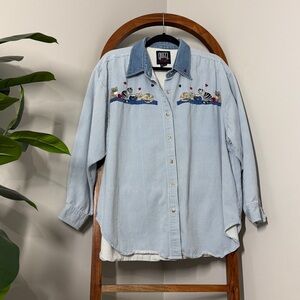 Vintage Quizz 22 Cat Embroidered Striped Long Sleeve Button Front Shirt